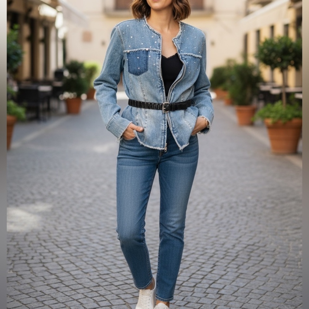 Vintage 80s Express Denim Jean Jacket Studded Fitted Collarless Inside Out Seams
